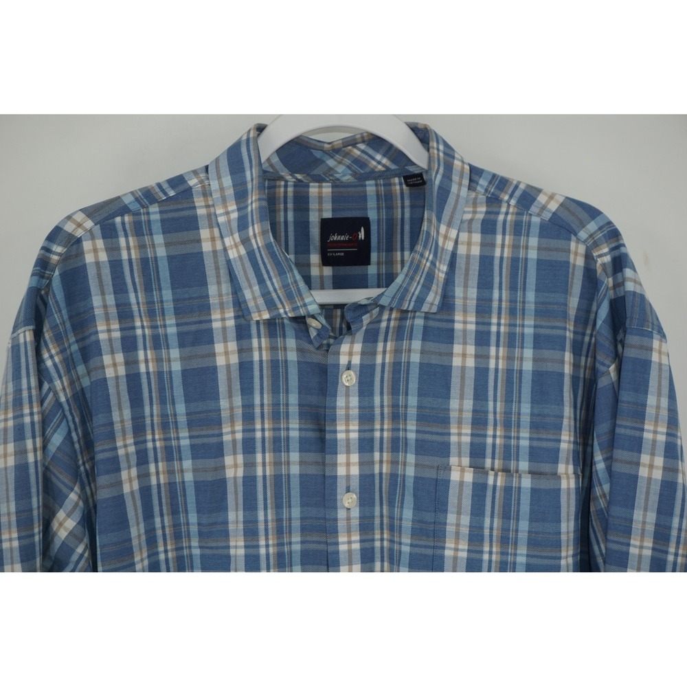 Johnnie-O Shirt Blue Plaid Long Sleeve Button Up Casual Lightweight Men's‎ 2XL